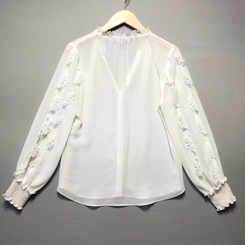 White House Black Market Sheer Ruffle Blouse Womens S White Chiffon Romantic - Picture 2 of 10